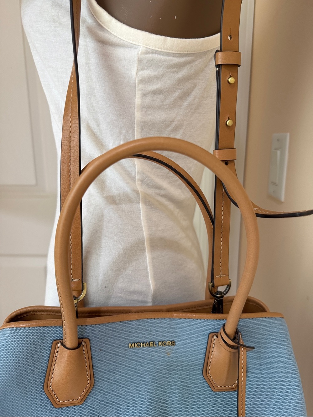 Michael Kors Blue Canvas and Tan Leather Satchel - Picture 9 of 9